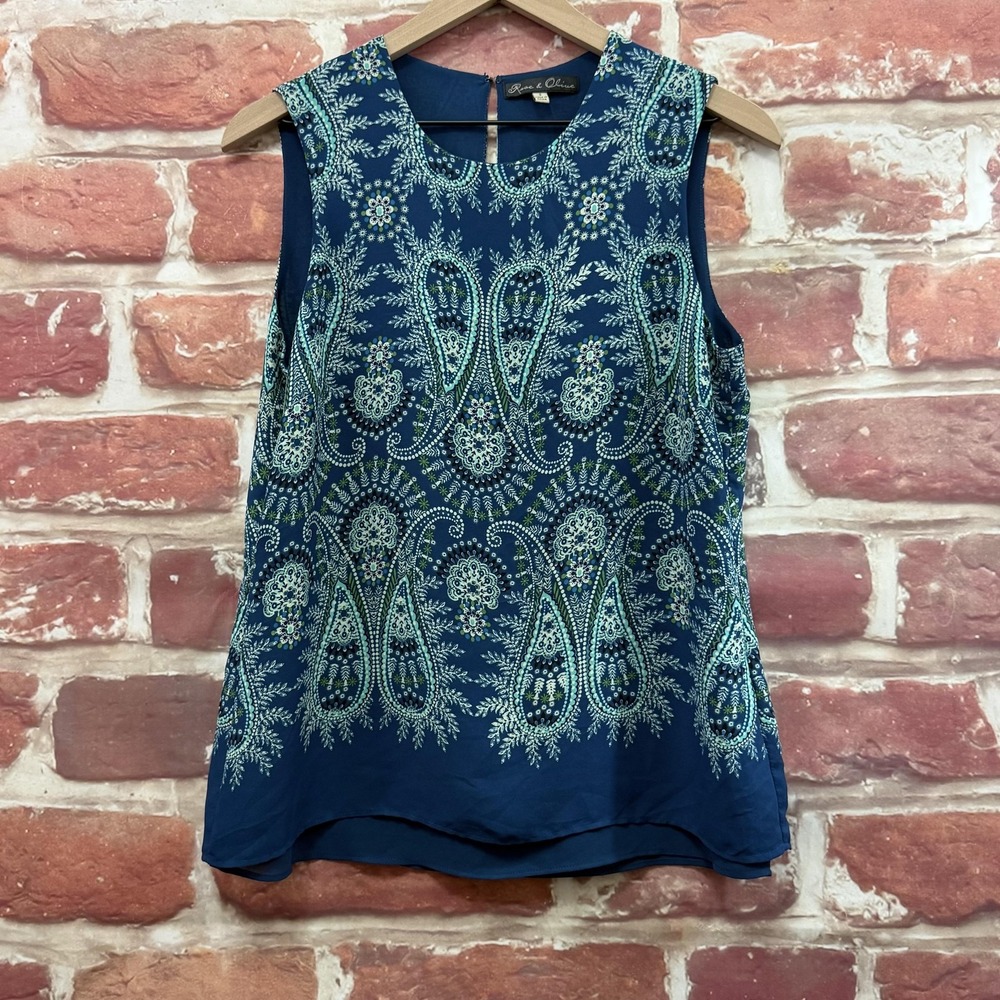 Rose & Olive Top Women's Small Blue Multicolor Boho Paisley Floral Casual Shirt